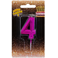 Свеча Цифра 4, Диамант Маджента, 4,5 см, 1 шт.