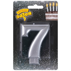 Свеча Цифра 7, Серебро, 8 см, 1 шт.