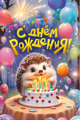 Открытка, С Днём рождения! Ежик с тортиком
